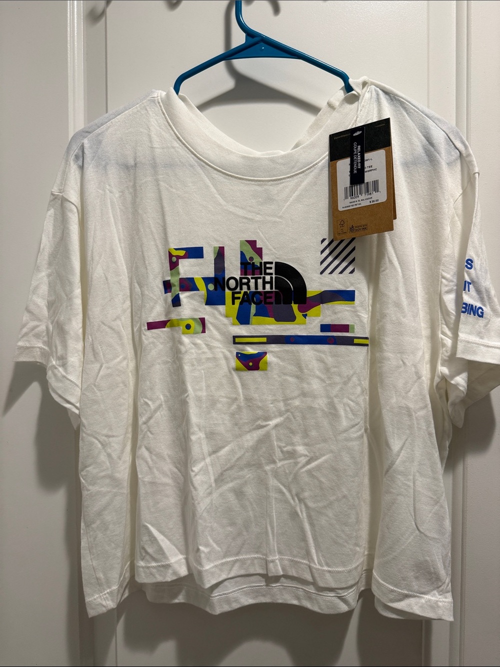 NWT Womans Croppes The North Face White Tee with Multicolor Abstract Logo